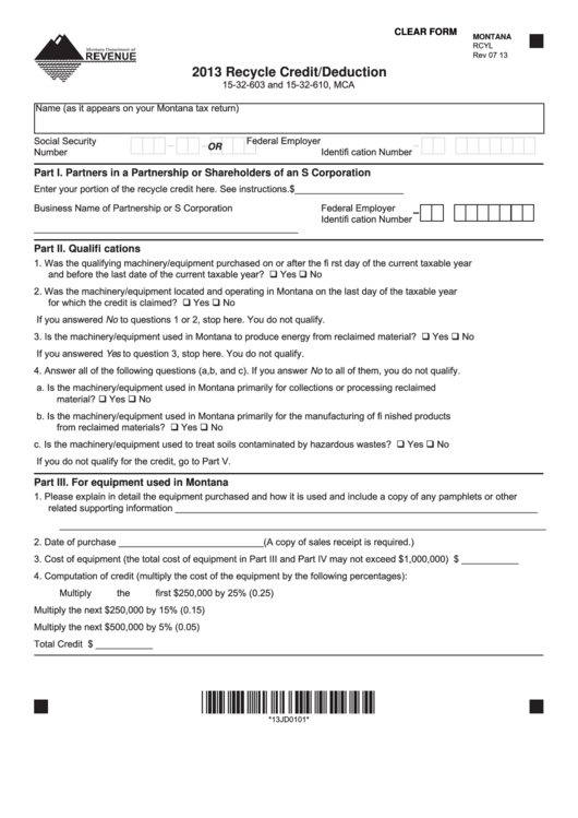 Fillable Montana Form Rcyl - Recycle Credit/deduction - 2013 Printable pdf