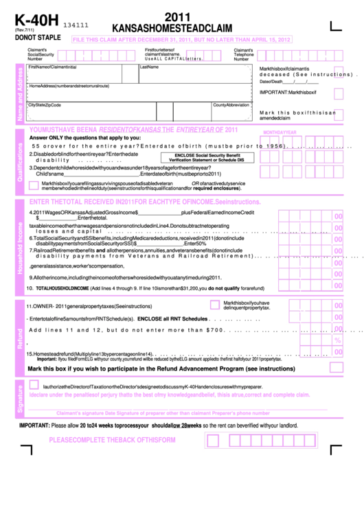 Form K40h Kansas Homestead Claim 2011 printable pdf download