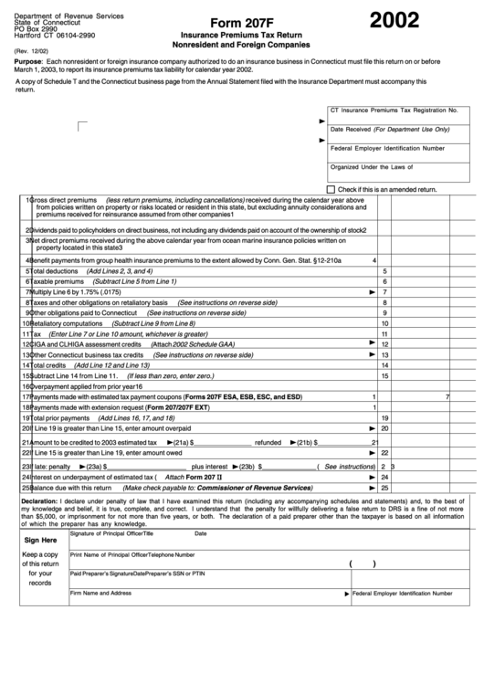 Form 207f - Insurance Premiums Tax Return Nonresident And Foreign Companies - 2002 Printable pdf