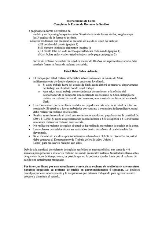 Instrucciones De Como Completar La Forma De Reclamo De Sueldos Printable pdf