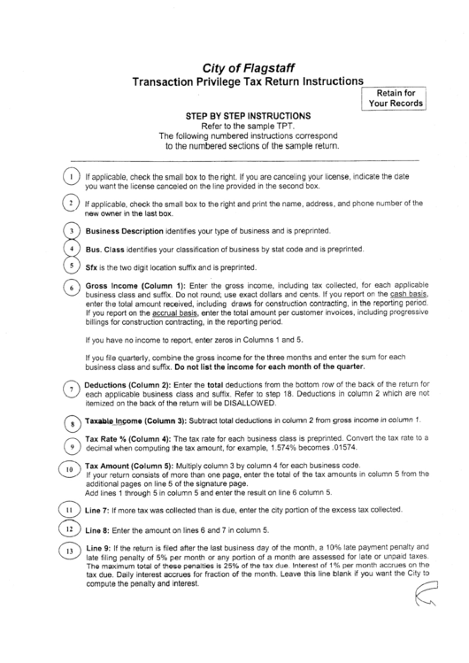Transaction Privilege (Sales) Tax Return - City Of Flagstaff Printable pdf