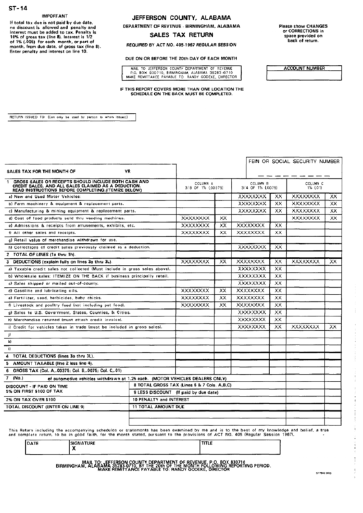 Form St-14 - Sales Tax Return Printable pdf