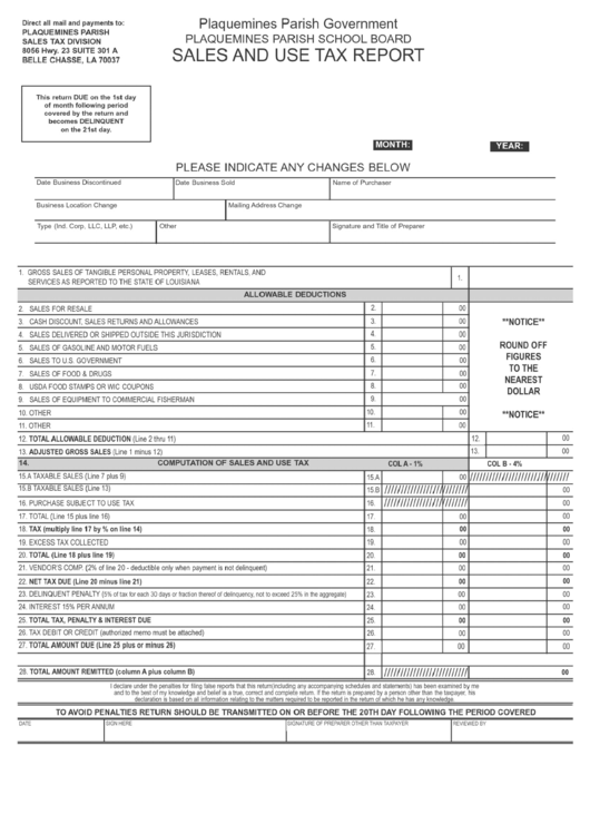 Sales / Use Tax Report Plaquemines Parish printable pdf download