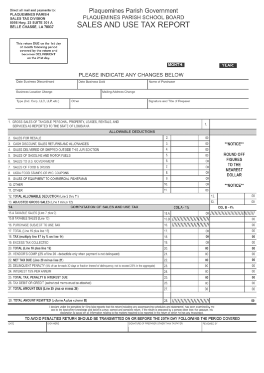 Sales / Use Tax Report - Plaquemines Parish Printable pdf