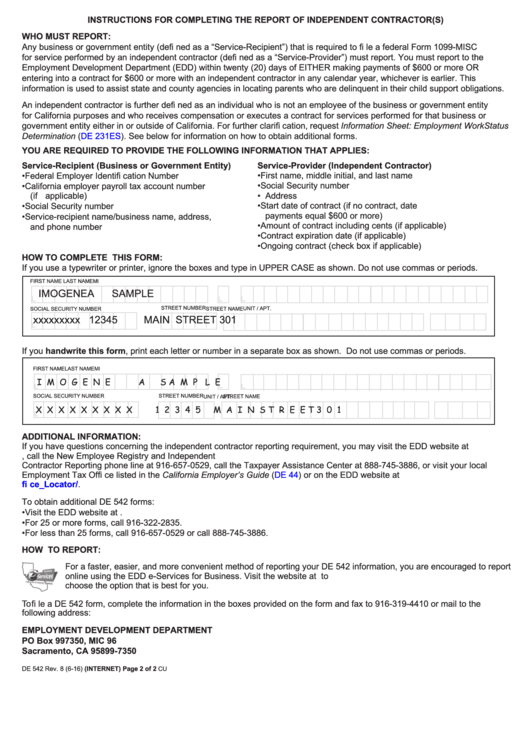 Instructions For Completing The Report Of Independent Contractor(S) - Employment Development Department Printable pdf