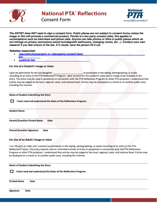 Fillable Consent Form - National Pta Reflections Printable pdf
