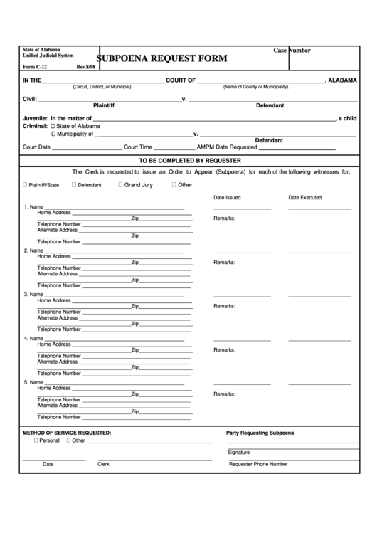 Fillable Form C-12 - Subpoena Request Form Printable pdf