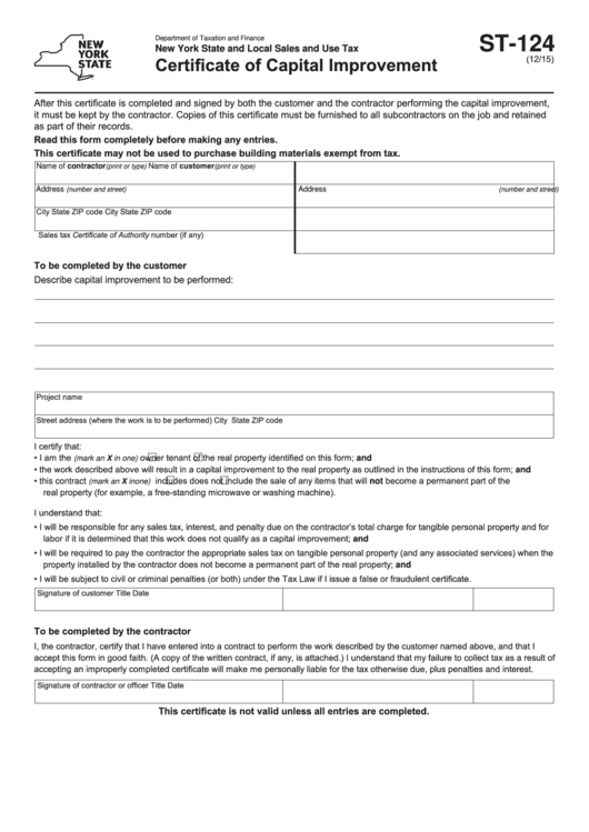 Fillable Form St-124 - Certificate Of Capital Improvement Printable pdf