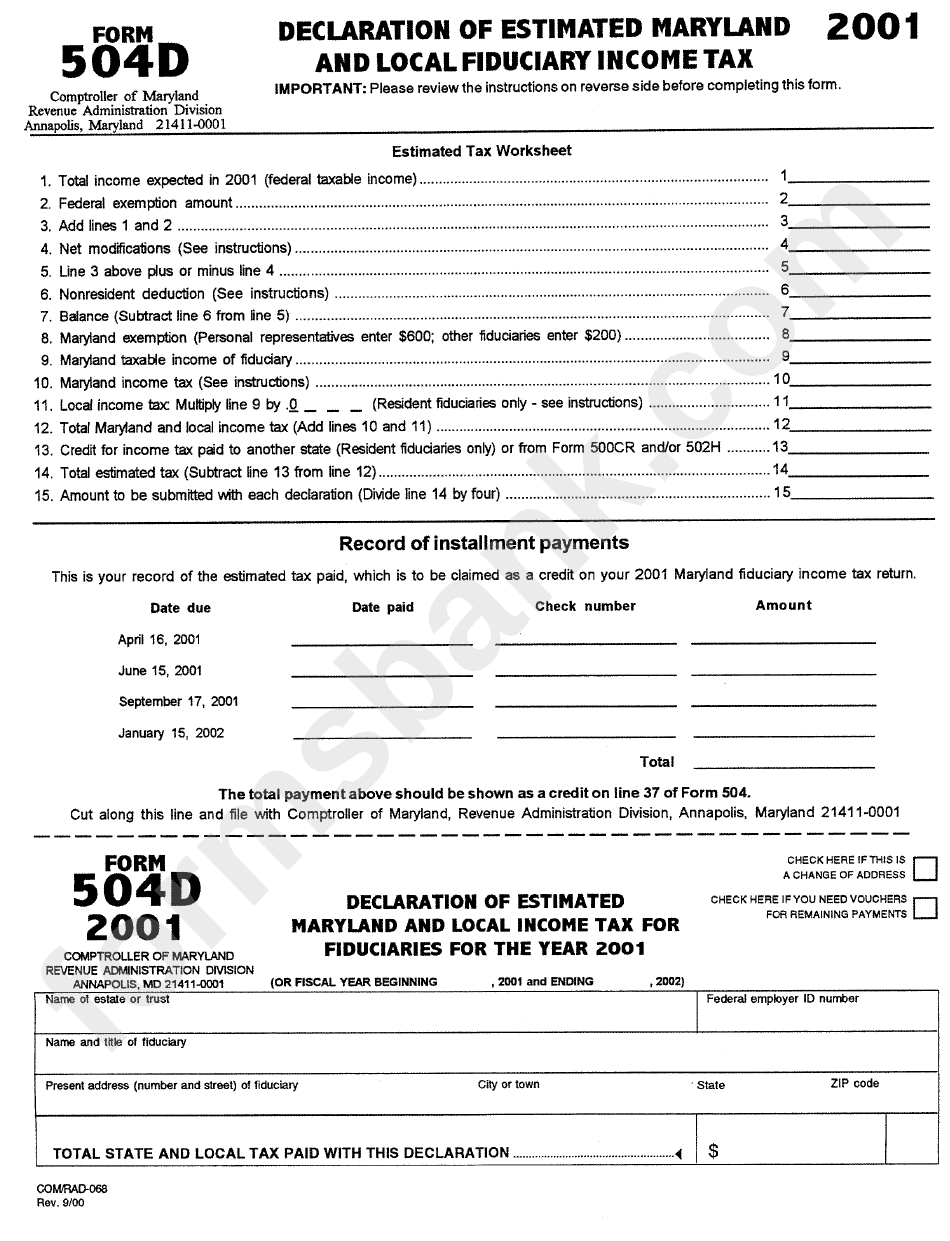 Form 504d - Declaration Of Estimated Maryland And Local Income Tax For Fuduciaries For The 2001