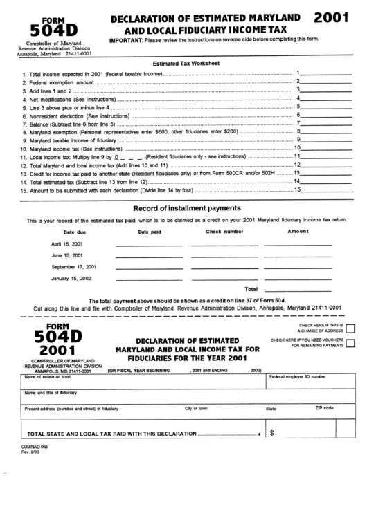Form 504d - Declaration Of Estimated Maryland And Local Income Tax For Fuduciaries For The 2001 Printable pdf