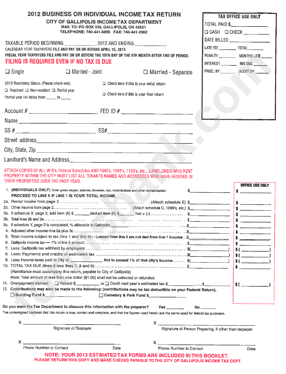 Business Or Individual Income Tax Return - City Of Gallipolis - 2012
