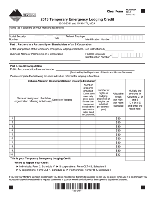 Fillable Montana Form Telc - Temporary Emergency Lodging Credit - 2013 Printable pdf