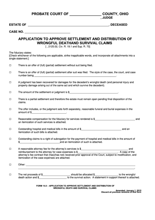Fillable Form 14.0 - Application To Approve Settlement And Distribution Of Wrongful Death And Survival Claims Printable pdf