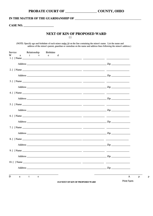 Fillable Form 15.0 - Next Of Kin Of Proposed Ward - Ohio Printable pdf
