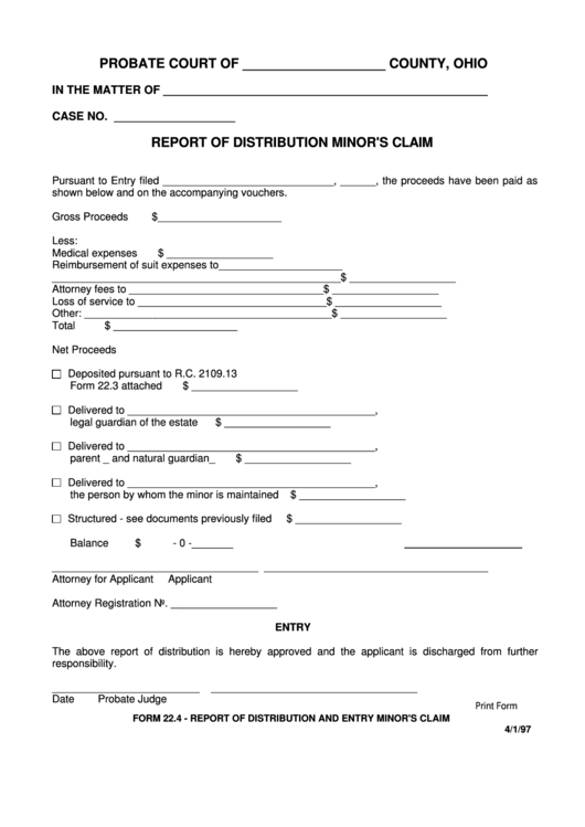 Fillable Form 22.4 - Report Of Distribution Minor