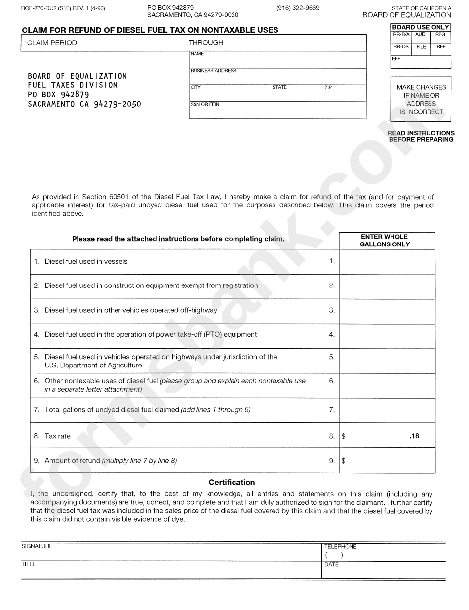 Form Boe-770-Du2 (S1f) - Claim For Refund Of Diesel Fuel Tax On Nontaxable Uses