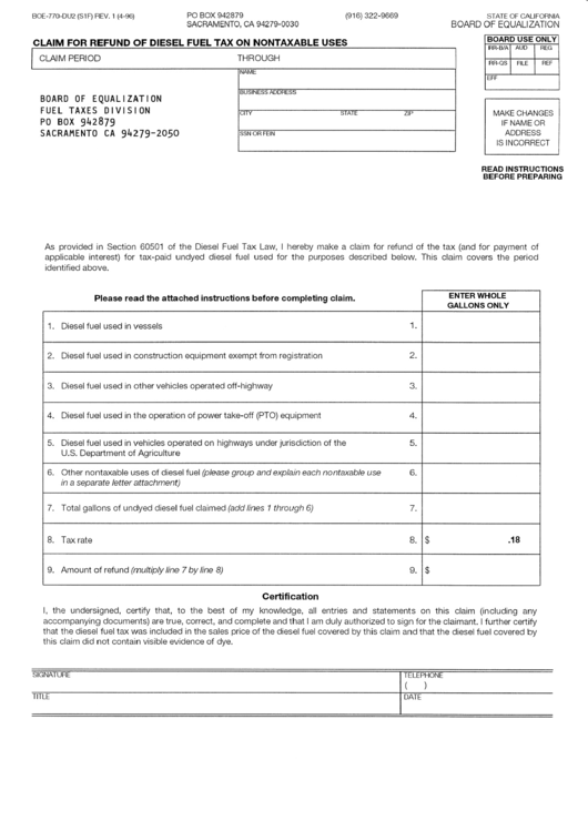 Fillable Form Boe-770-Du2 (S1f) - Claim For Refund Of Diesel Fuel Tax On Nontaxable Uses Printable pdf