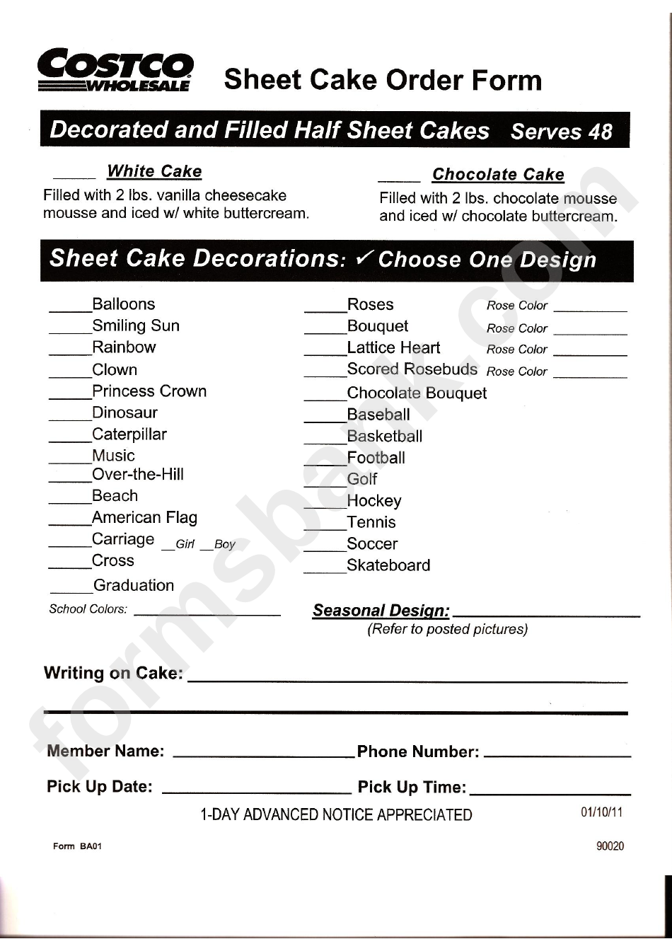 Form Ba01 - Sheet Cake Order Form - Costco