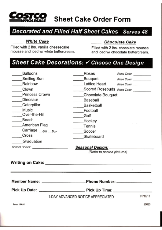 Form Ba01 - Sheet Cake Order Form - Costco Printable pdf