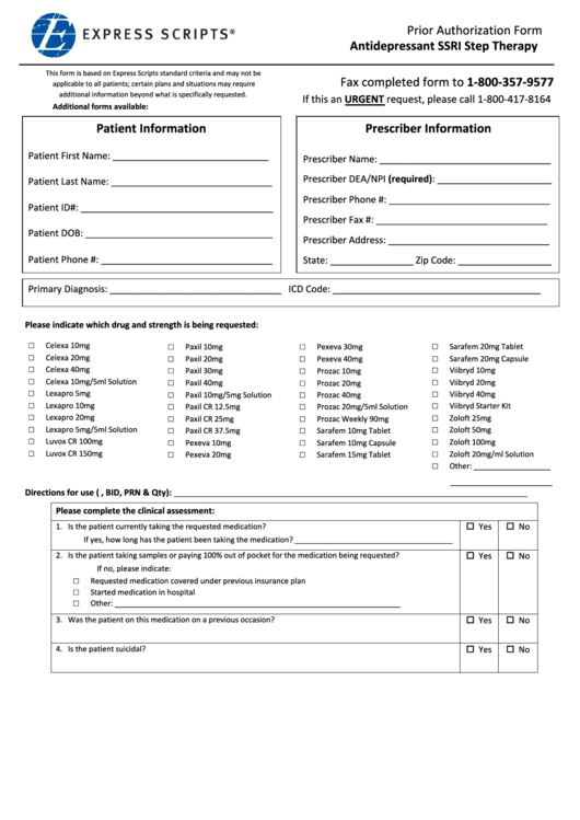 Prior Authorization Form Antidepressant Express Scripts Printable Pdf Download