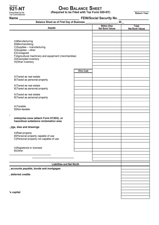Tax Form 921-Nt - Ohio Balance Sheet Printable pdf