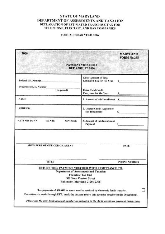 Maryland Form 29e - Payment Voucher - 2006 Printable pdf