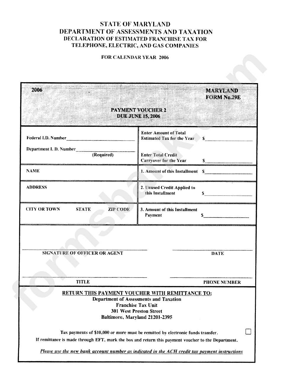 Maryland Form 29e - Payment Voucher - 2006
