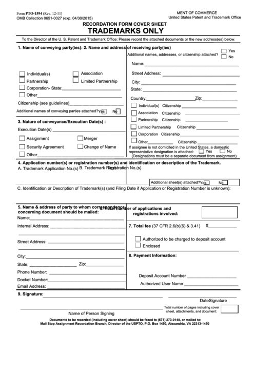 Fillable Form Pto-1594 - Recordation Form Cover Sheet Trademarks Only Printable pdf