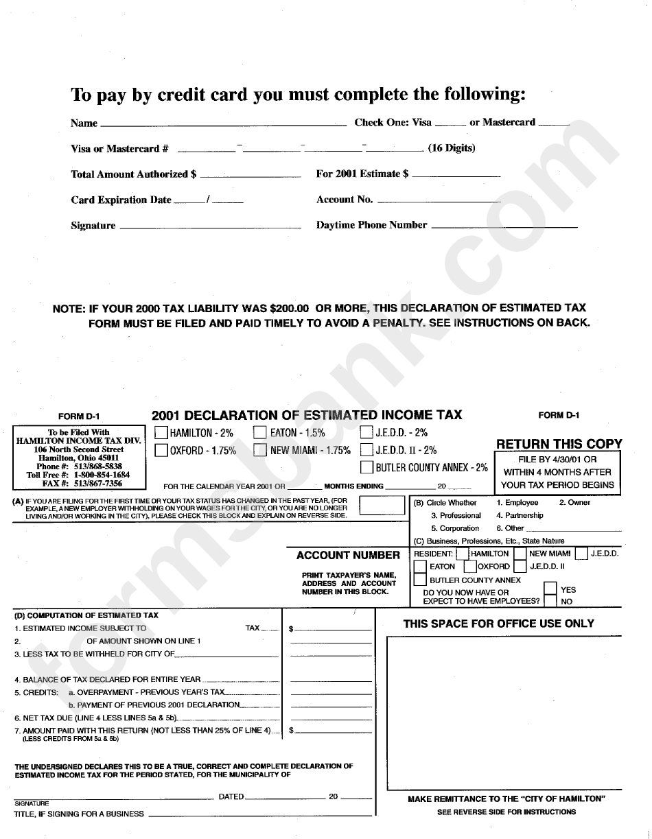 Form D-1 - Declaration Of Estimated Income Tax - 2001