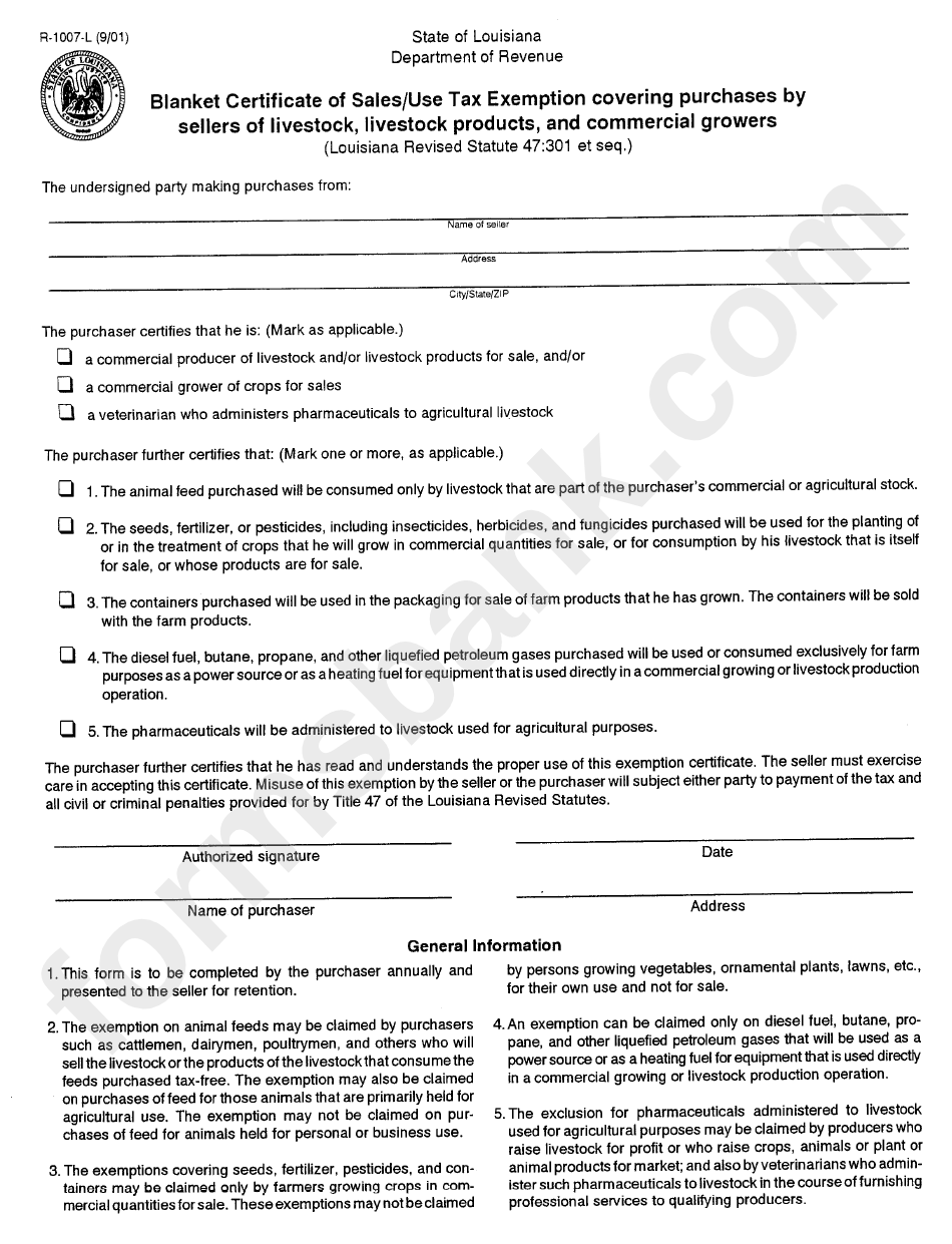 Form R-1007-L - Blanket Certificate Of Sales / Use Tax Exemption Covering Purchases By Sellers Of Livestock, Livestock Products, And Commercial Growers