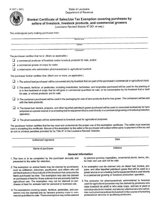 Form R-1007-L - Blanket Certificate Of Sales / Use Tax Exemption Covering Purchases By Sellers Of Livestock, Livestock Products, And Commercial Growers Printable pdf