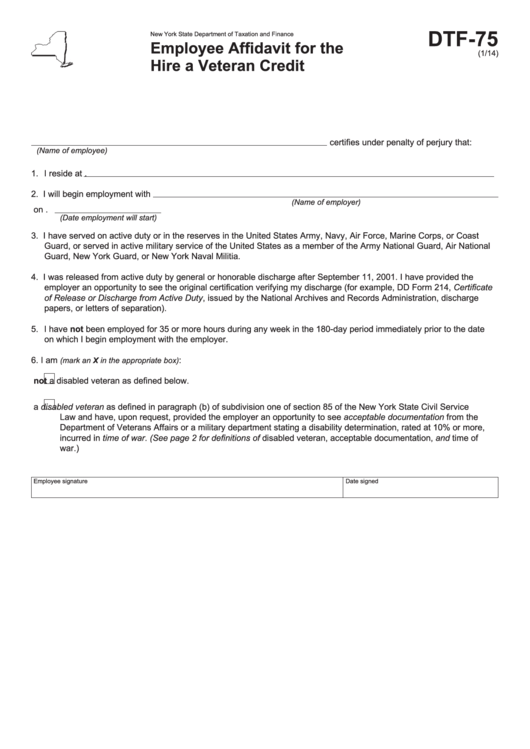 Form Dtf-75 - Employee Affidavit For The Hire A Veteran Credit Printable pdf