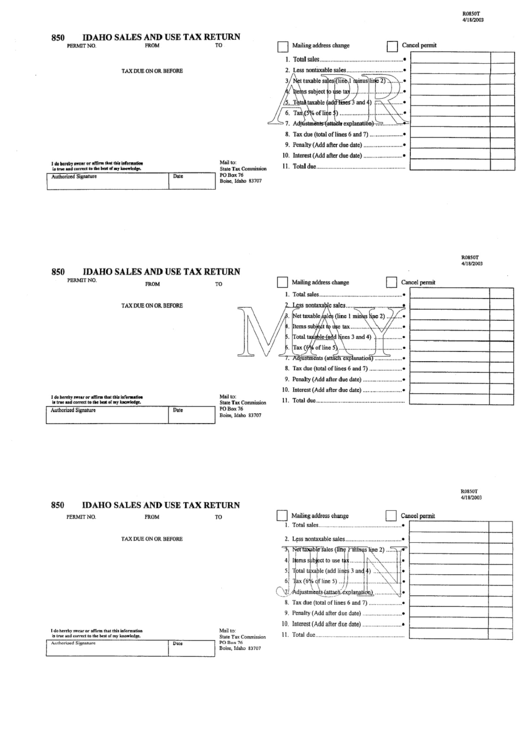 Form R0850t - Idaho Sales And Use Tax Return Printable pdf