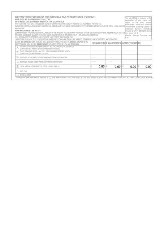 Fillable Form 521 - Non-Withheld Tax Payment Stub For Local Earned Income Tax Printable pdf