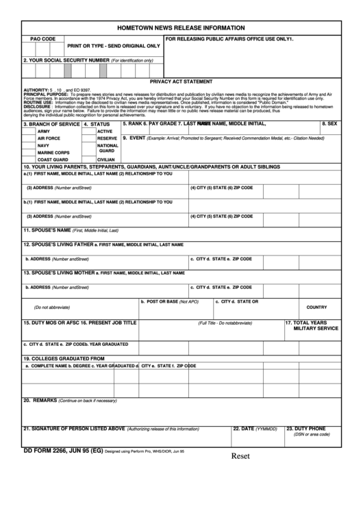 Fillable Dd Form 2266 - Hometown News Release Information Printable pdf