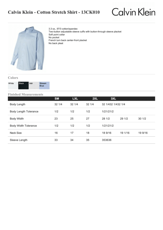 Calvin Klein Cotton Stretch Shirt 13ck010 Size Chart Printable pdf