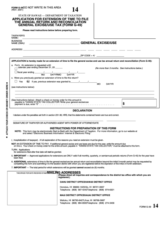 Form G-39 -Application For Extension Of Time To File The Annual Return And Reconciliation General Excise/use Tax - 2001 Printable pdf