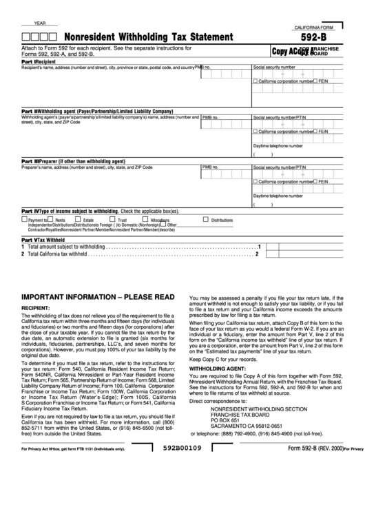 Form 592-B - Nonresident Withholding Tax Statement - 2000 Printable pdf