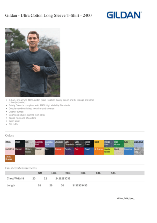 Gildan Ultra Cotton Long Sleeve T-Shirt 2400 Size Chart Printable pdf