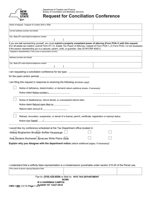 Form Cms-1-Mn - Request For Conciliation Conference Printable pdf