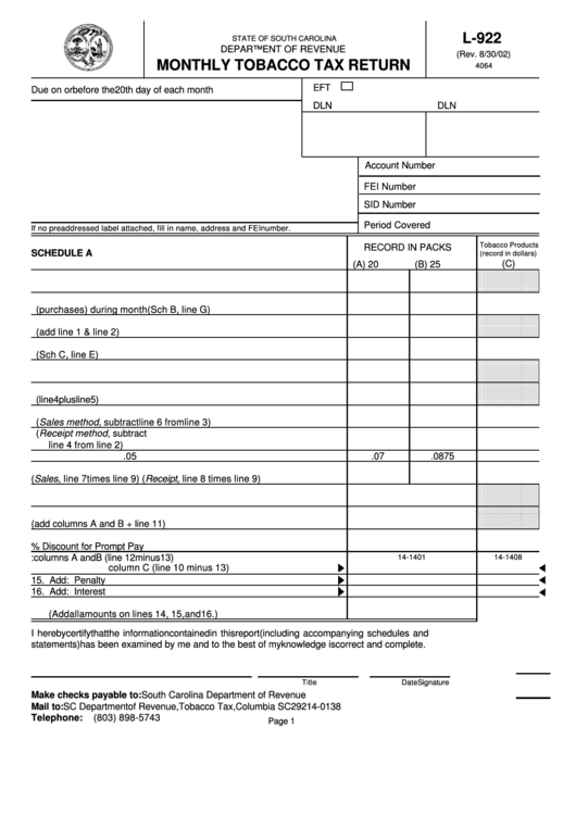 Form L-922 - Monthly Tobacco Tax Return Printable pdf