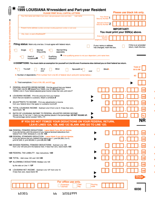Form It-540b - Louisiana Nonresident And Part-Year Resident - 1999 Printable pdf