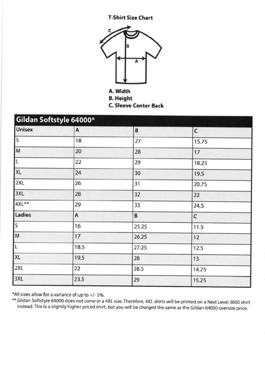 Gildan Softstyle T-Shirt 64000 Size Chart printable pdf download
