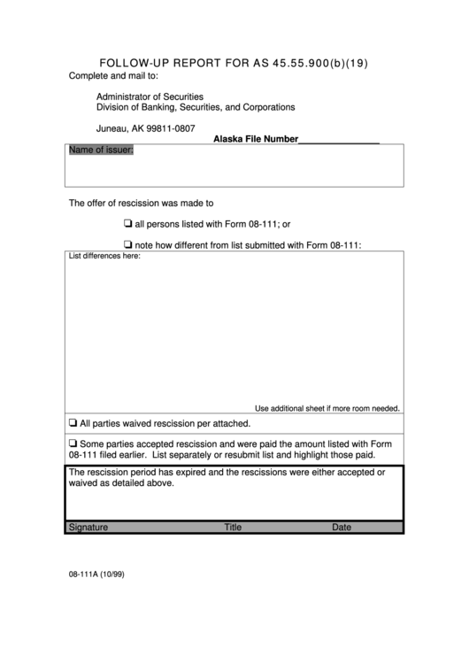 Fillable Form 08-111a - Follow-Up Report For As 45.55.900(B)(19) Printable pdf