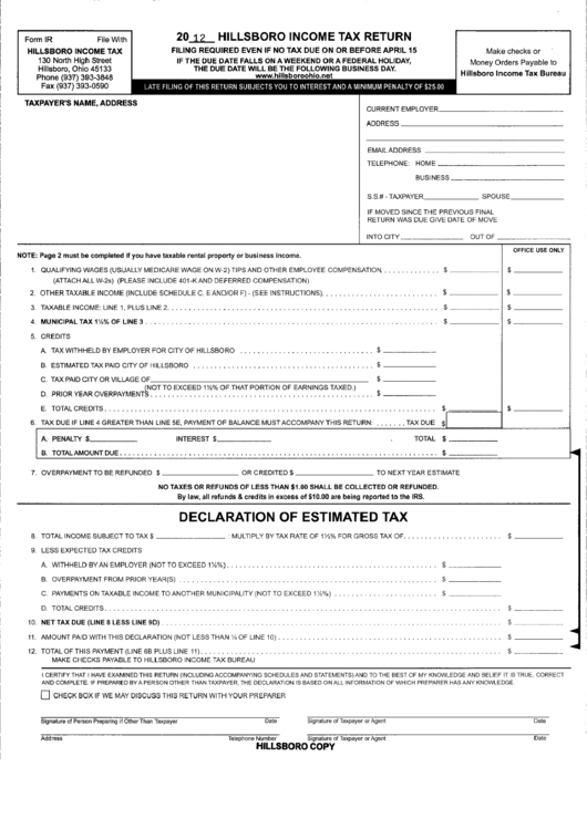 Form Ir - Hillsboro Inoome Tax Return - 2012 Printable pdf