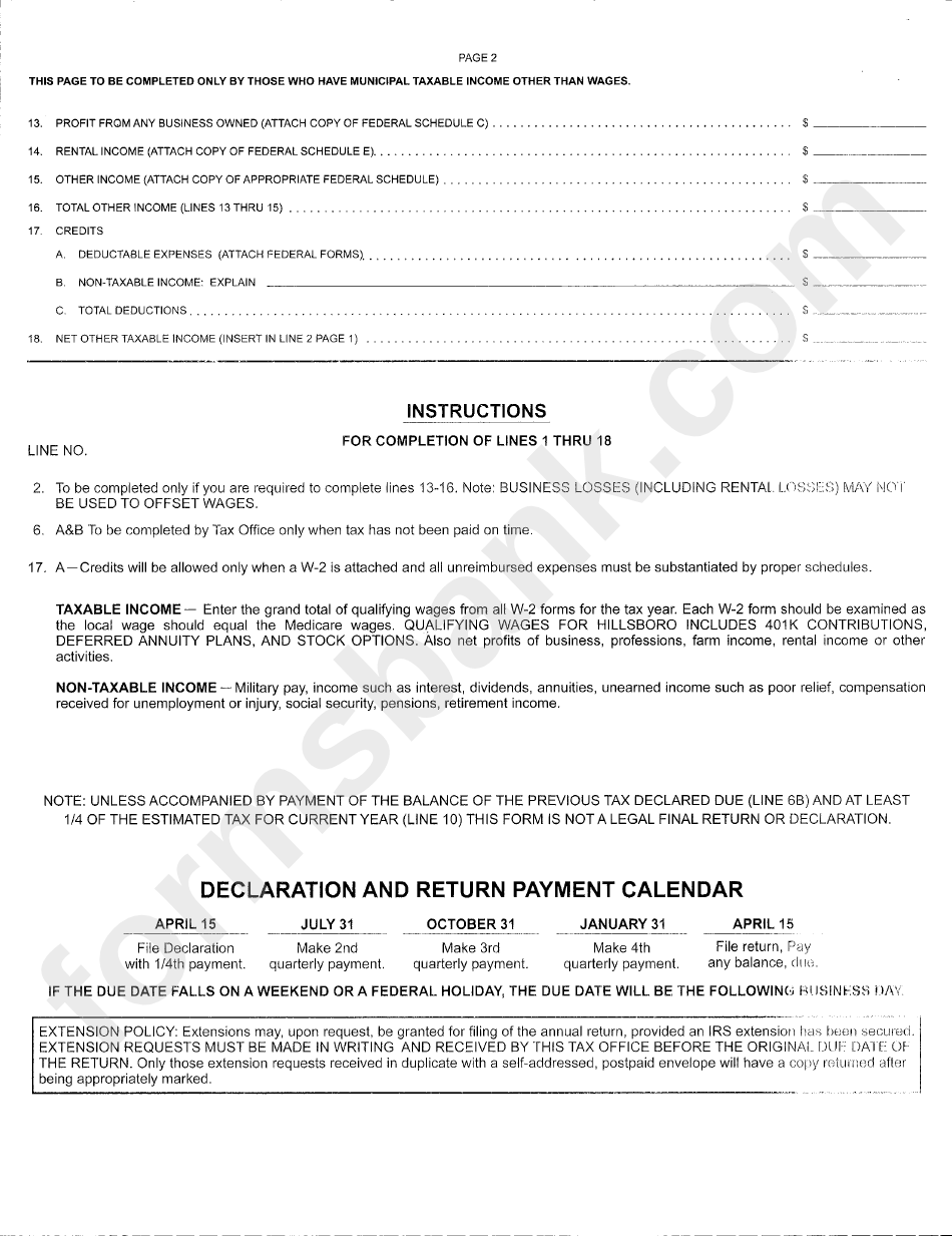 Form Ir - Hillsboro Inoome Tax Return - 2012