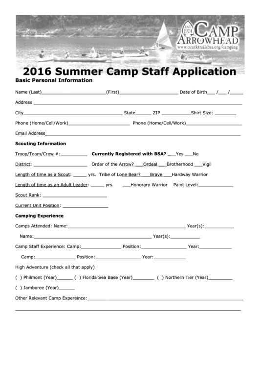 Summer Camp Staff Application - Boy Scouts Of America - 2016 Printable pdf