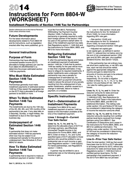 Instructions For Form 8804-W (Worksheet) - Installment Payments Of Section 1446 Tax For Partnerships - 2014 Printable pdf