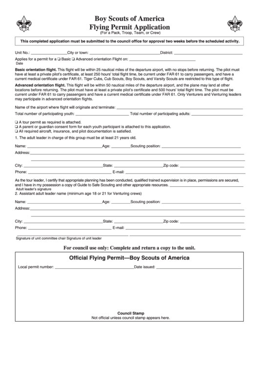 Fillable Unit Flying Permit Application - Boy Scouts Of America Printable pdf