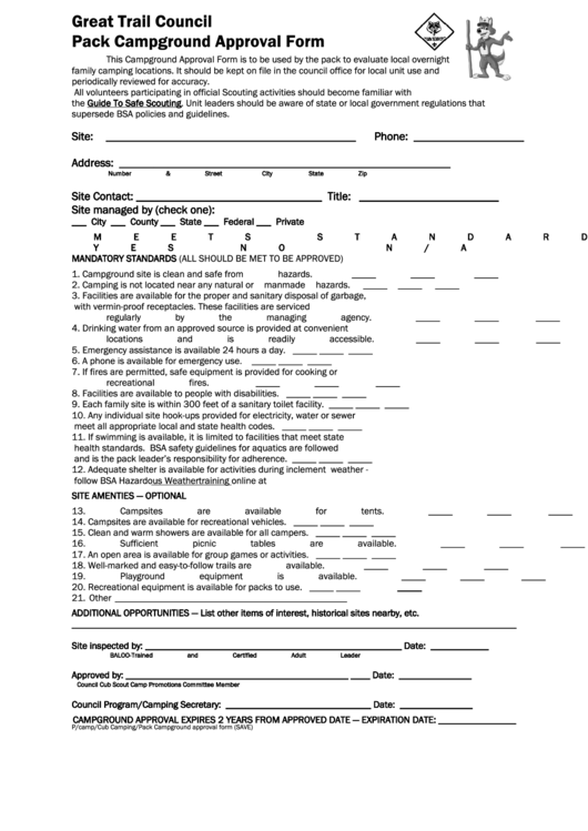 Pack Campground Approval Form Printable pdf